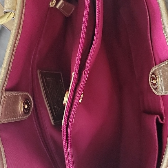 Coach Tattersall Plaid Peyton Pebbled Leather Shoulder Bag Cream Gold Pink Blue - Picture 15 of 16